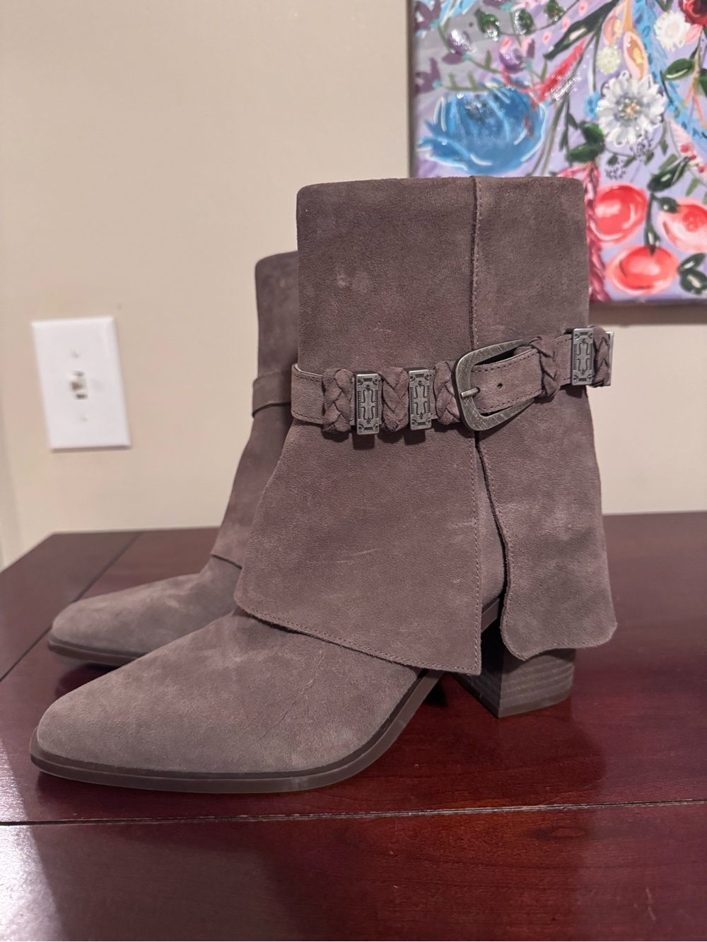 Crown Vintage Taupe Suede Ankle Boots with Braided Strap & Buckle never worn